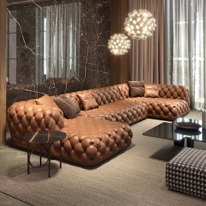 极简轻奢U型沙发全真皮高档大平层别墅现代意式棕色牛皮拉扣沙发