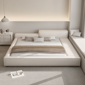 现代简约奶油风主卧榻榻米豆腐块床科技布床双人床高低床头布艺床
