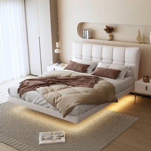 奶油风悬浮床真皮床简约现代卧室双人床意式软包床