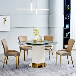 轻奢进口奶油风餐桌亮光岩板餐桌椅组合现代轻奢家不锈钢高端圆桌